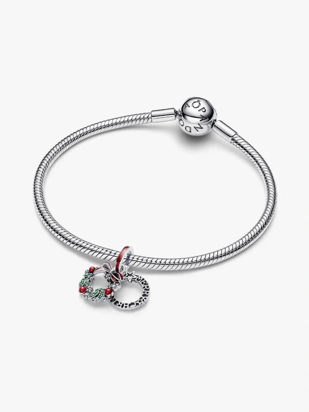 Pandora Silver Bracelet with Red & Green Holiday Wreath Charm